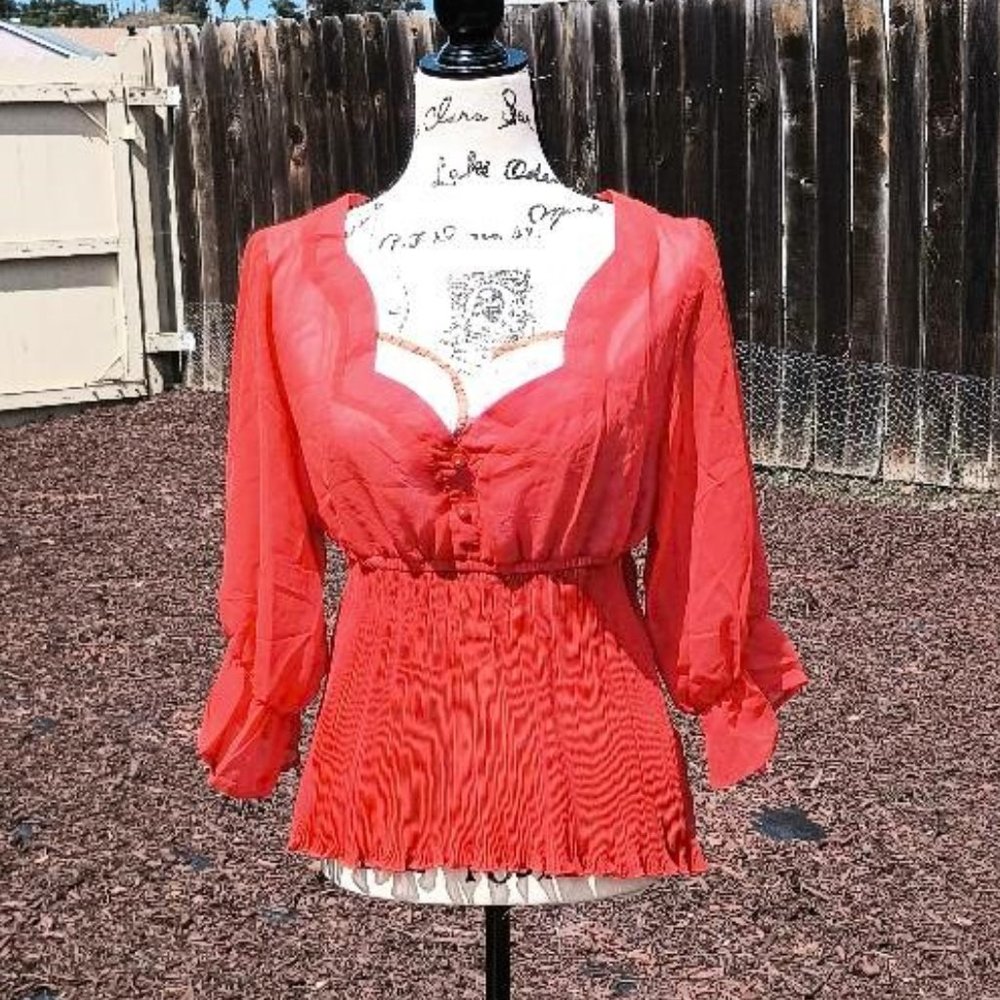 Orange Red Waitress Pin-Up Accordian Pleated Top Blouse M L Hi-Lo Assymetrical